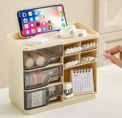 抽屉式桌面收纳盒办公室透明大容量学生家用奶油风多层文具收纳盒 抽屉式桌面收纳盒办公室透明大容量学生家用奶油风多层文具收纳盒
